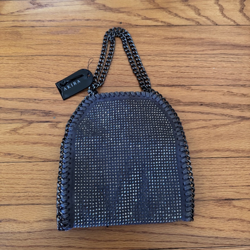 AKIRA Black Rhinestone Mini Tote – Chain Strap, Edgy Glam Handbag